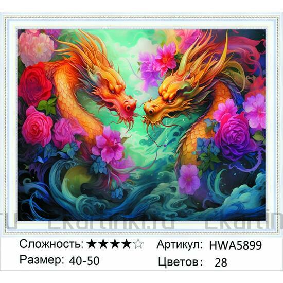 Алмазная мозаика 40x50 Два ярких и красочных дракона