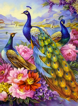 Три павлина на берегу озера в цветах