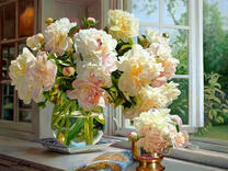 Без бренда «Ваза с букетом белых пионов у окна» в Кургане
