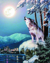 Вой волка на луну над ночным городом