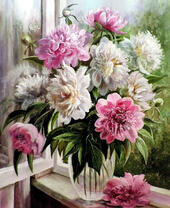Без бренда «Пионы в прозрачной вазе у окна» в Кургане